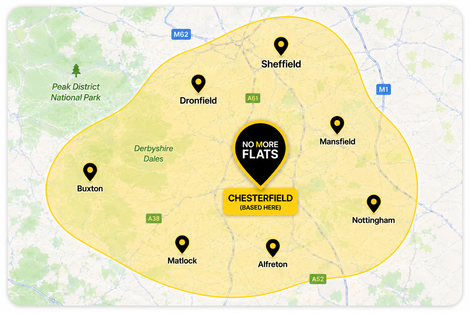 No More Flats mobile tyre fitting service area around Chesterfield, Sheffield, Dronfield, Nottingham, Mansfield, Matlock and Buxton